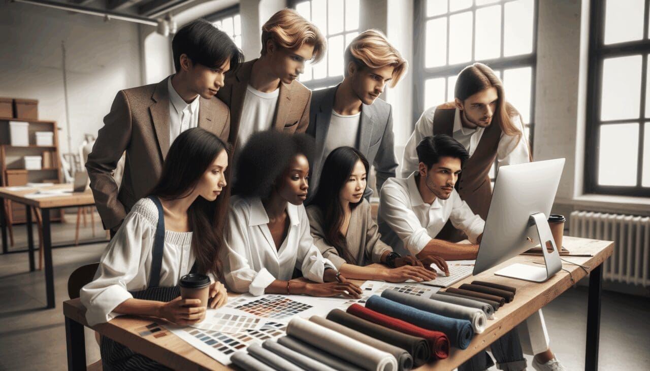Grupo de jóvenes emprendedores trabajando con computadoras y muestrarios de telas en un espacio abierto y moderno.