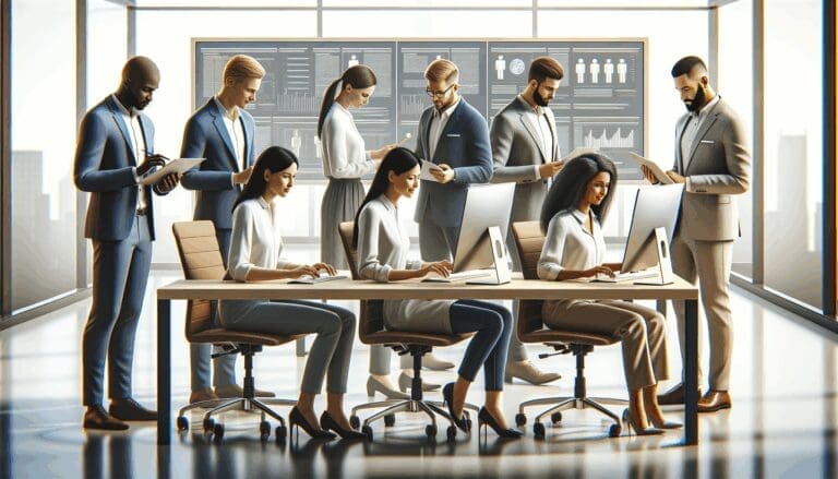 Un grupo de jóvenes profesionales en un ambiente tecnológico moderno, rodeados de computadoras y pizarras digitales.