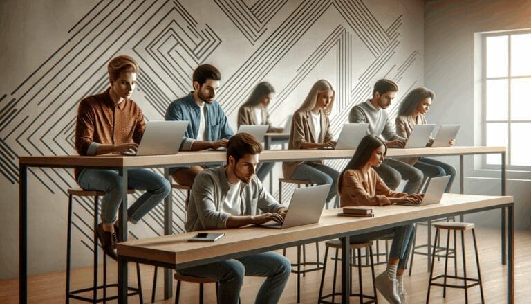 Jóvenes emprendedores trabajando en laptops en un espacio de coworking moderno con un diseño retro digital.