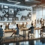 Ilustración de una oficina moderna con pantallas digitales y equipo colaborando, ambiente tecnológico latinoamericano.