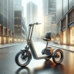 Fotografía editorial de un triciclo eléctrico moderno de tres ruedas en ambiente urbano, con fondo desenfocado y luz natural.