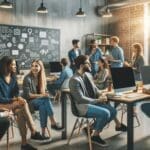 Grupo de emprendedores jóvenes conversando en un espacio de coworking moderno con computadoras y pizarras al fondo.