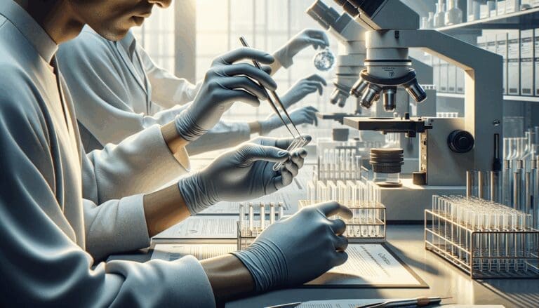 Primer plano de manos de científicos trabajando en laboratorio moderno con muestras biotecnológicas.