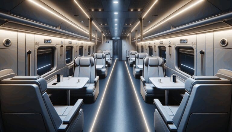 Interior moderno de un tren nocturno, mostrando cabinas privadas y ambiente tecnológico, sin marcas ni logotipos.