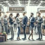 Personas charlando y compartiendo en una feria indoor con puestos de comida y ambiente de networking.