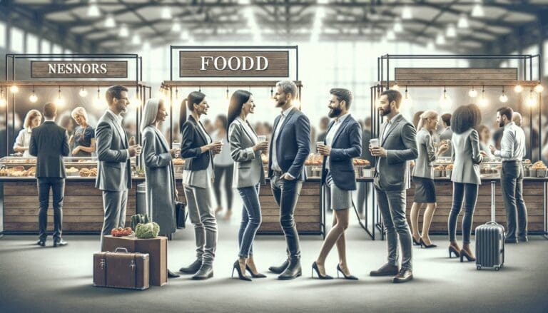 Personas charlando y compartiendo en una feria indoor con puestos de comida y ambiente de networking.