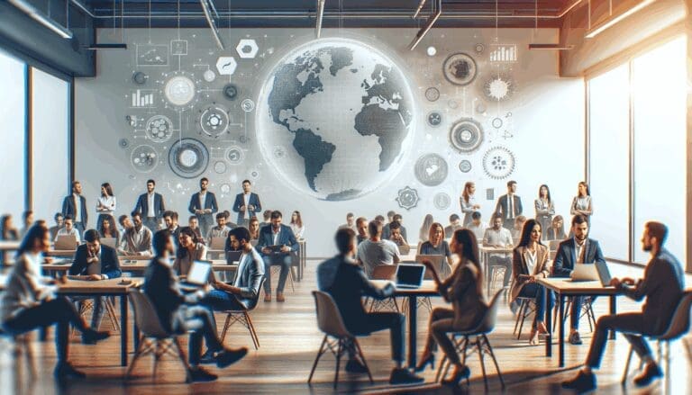 Fotografía de participantes en un workshop tecnológico en un espacio moderno y colaborativo.