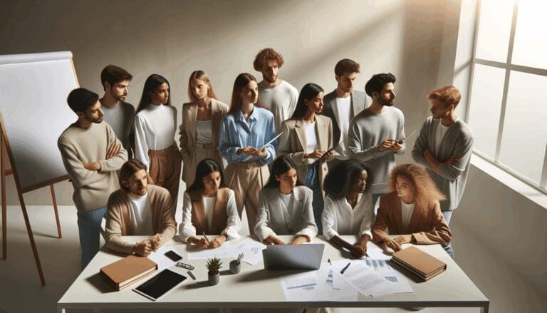 Personas jóvenes colaborando en una sala de reuniones moderna, laptops y pizarras presentes.