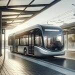 Fotografía de un moderno bus eléctrico en una estación rodeado de paisajes urbanos latinoamericanos, bajo luz natural y estilo profesional.