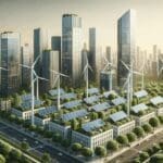 Paneles solares y turbinas eólicas integrados en una ciudad moderna con rascacielos y vegetación.