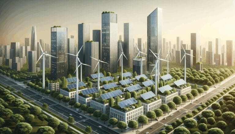 Paneles solares y turbinas eólicas integrados en una ciudad moderna con rascacielos y vegetación.