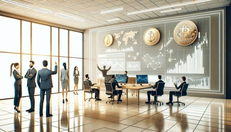 Representación digital de una startup analizando criptomonedas y gráficos financieros en una oficina moderna.