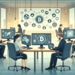 Ilustración de emprendedores trabajando en computadoras y pizarras digitales en un ambiente de oficina moderno, con iconos de blockchain y redes digitales.