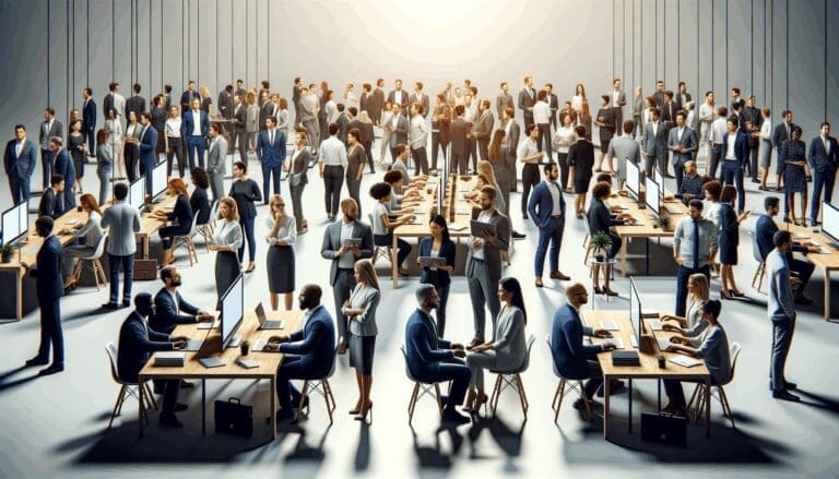 Emprendedores reunidos en un evento tecnológico, rodeados de pantallas y mesas de trabajo colaborativo.