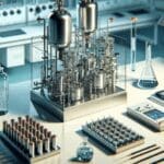 Primer plano de laboratorio moderno con reactores químicos y módulos de baterías recicladas sobre una mesa de trabajo.