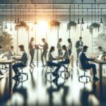 Emprendedores trabajando juntos en una sala luminosa rodeada de naturaleza y tecnología moderna.