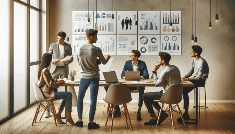 Jóvenes emprendedores en sala de juntas moderna, revisando gráficos y laptops con un ambiente de colaboración.