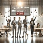 Emprendedores reunidos en un moderno espacio de coworking, rodeados de equipos de tecnología.