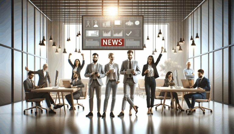Emprendedores reunidos en un moderno espacio de coworking, rodeados de equipos de tecnología.