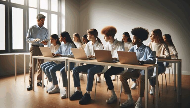 Jóvenes en aula moderna usando computadoras portátiles y tabletas mientras un docente guía una clase digital.