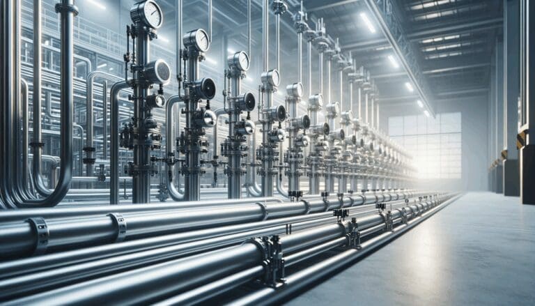 Primer plano de tuberías industriales conectadas a sensores tecnológicos en una fábrica moderna.