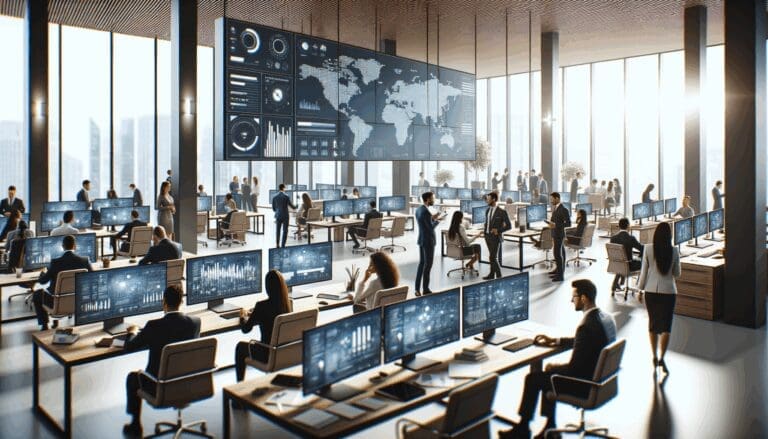 Oficina corporativa moderna con equipos de trabajo colaborando y pantallas digitales en un entorno profesional latinoamericano.