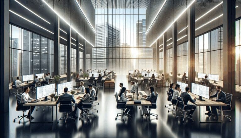 Oficinas modernas con equipos de trabajo colaborando frente a pantallas digitales en un entorno urbano