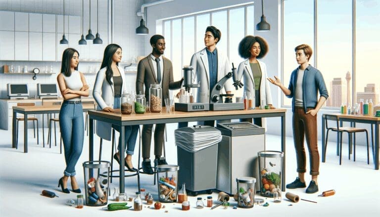 Personas jóvenes analizando residuos alimentarios en un entorno de laboratorio moderno.