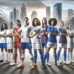 Grupo de mujeres futbolistas celebrando en un estadio moderno, con fondo urbano y atmósfera dinámica.
