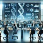 Laboratorio moderno con científicos analizando muestras genéticas en monitores de alta tecnología.