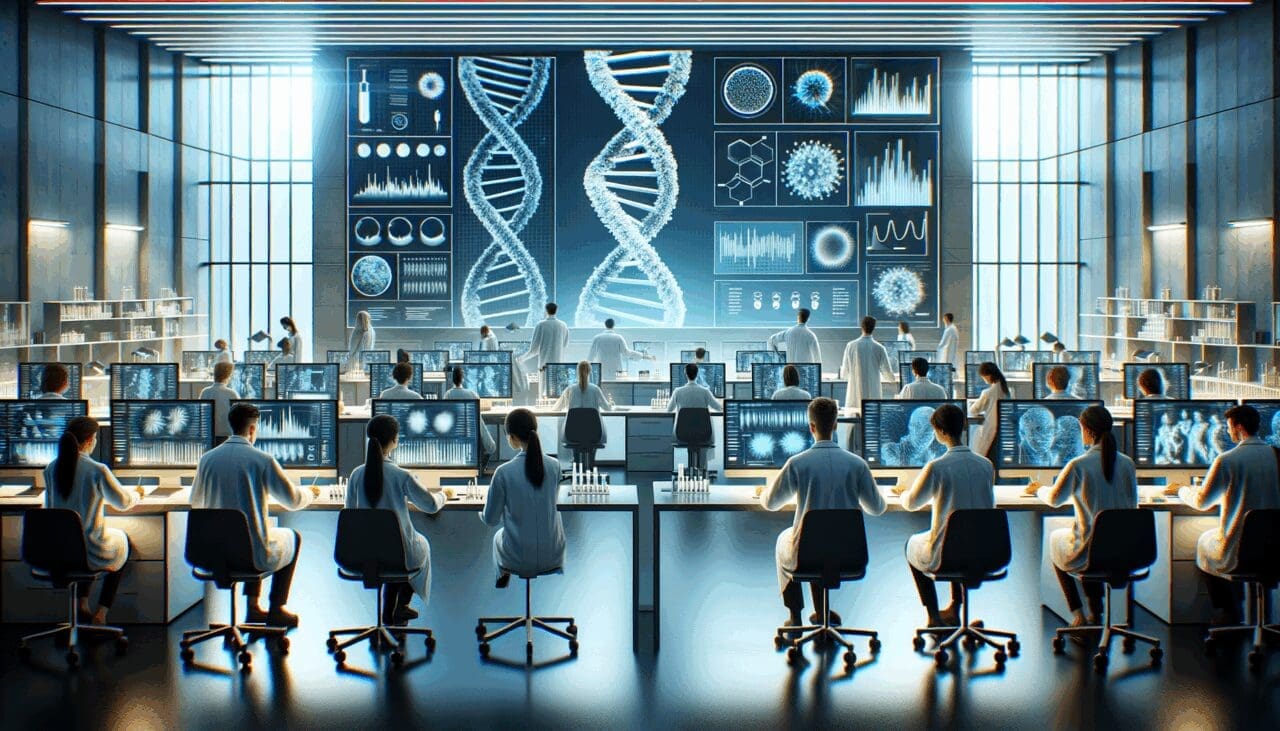 Laboratorio moderno con científicos analizando muestras genéticas en monitores de alta tecnología.