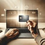 Manos sosteniendo una tarjeta de crédito frente a una laptop, fondo moderno en tonos neutros.