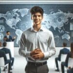 Joven emprendedor sudamericano presentando un pitch en un auditorio moderno con fondo tecnológico desenfocado.