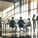 Dos equipos de trabajo colaborando frente a computadoras en una sala de oficina moderna, luz natural y ambiente profesional latinoamericano.