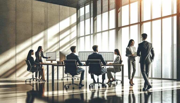 Dos equipos de trabajo colaborando frente a computadoras en una sala de oficina moderna, luz natural y ambiente profesional latinoamericano.
