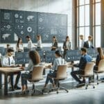 Grupo de jóvenes profesionales en una oficina moderna con pantallas mostrando flujos de trabajo automatizados.