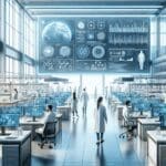 Laboratorio moderno de biotecnología con científicos trabajando y pantallas de datos digitales.