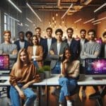 Grupo de jóvenes emprendedores frente a computadoras, en un entorno moderno de coworking, con pantallas y luces de colores al fondo.