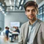 Retrato de un líder tecnológico en una oficina moderna, ambiente de innovación y emprendimiento.