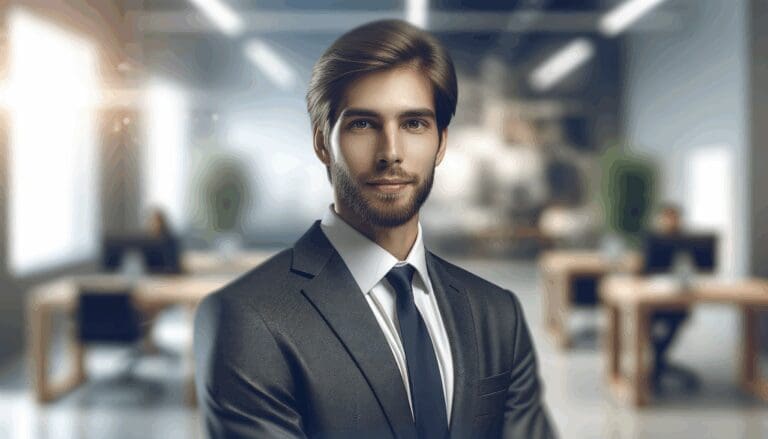 Retrato profesional de un líder tecnológico en una oficina moderna, fondo desenfocado y ambiente de innovación.