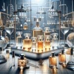 Frascos de perfume en una mesa de laboratorio iluminada, mostrando innovación y tecnología.