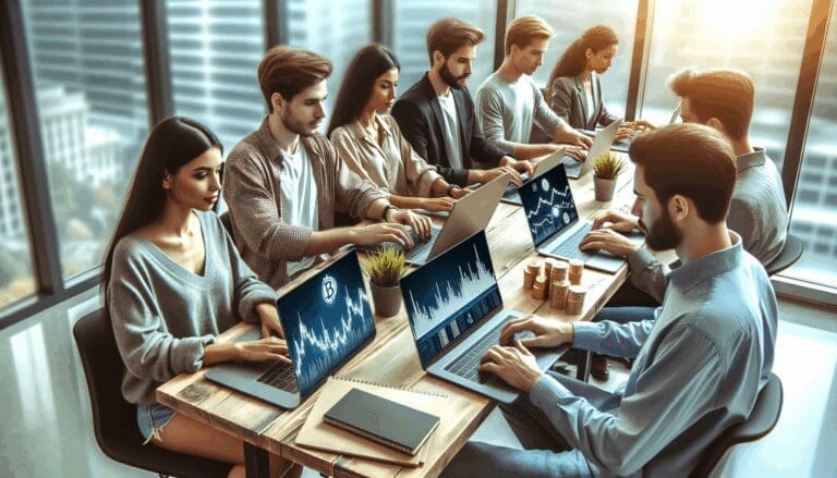 Grupo de jóvenes emprendedores trabajando en laptops con gráficos de criptomonedas en una oficina moderna.