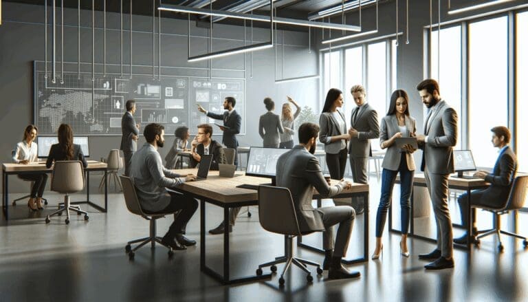 Espacio moderno de coworking con emprendedores interactuando y detalles tecnológicos