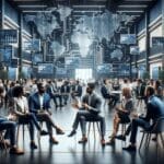 Grupo de emprendedores dialogando en un auditorio moderno, con pantallas digitales y ambiente tecnológico.