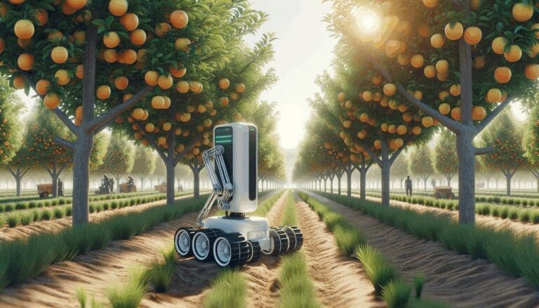 Robot agrícola autónomo trabajando en un campo de frutales, con fondo natural y luz diurna.