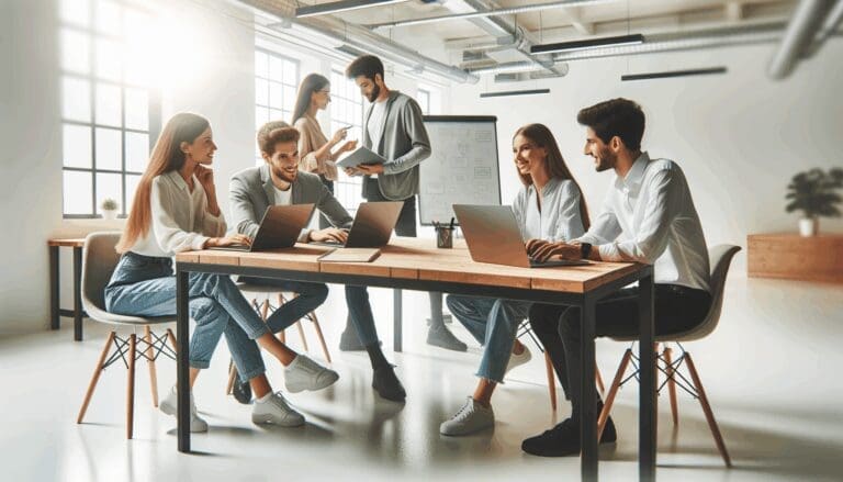 Jóvenes trabajando juntos en un espacio de coworking moderno y luminoso, con computadoras portátiles y pizarras.