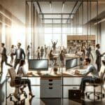 Oficina moderna con emprendedores jóvenes y computadoras, ambiente colaborativo y digital.