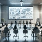 Sala de conferencias moderna con emprendedores presentando proyectos ante un panel internacional.