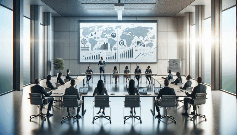 Sala de conferencias moderna con emprendedores presentando proyectos ante un panel internacional.