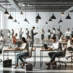 Espacio de coworking moderno con emprendedores trabajando juntos en laptops y pizarras.